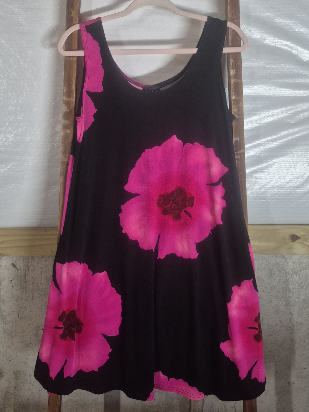 Black Midi Dress with Bold Pink Floral Print